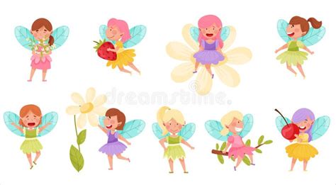 Little Fairies Or Pixies With Wings Hovering And Flying Vector