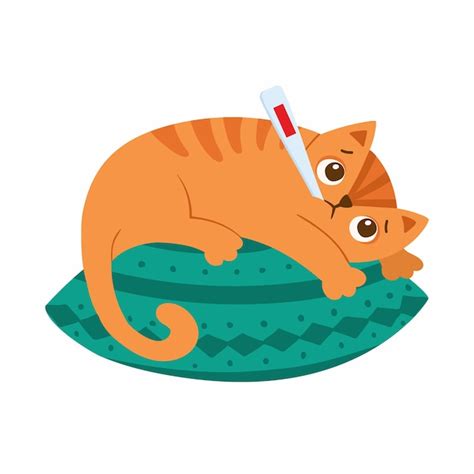 Free Vector Sick Cat With Thermometer Lies On The Pillow Kitten With