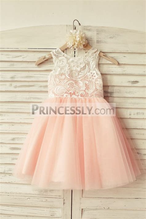 Ivory Lace Blush Pink Tulle Button Back Wedding Flower Girl Dress Avivaly