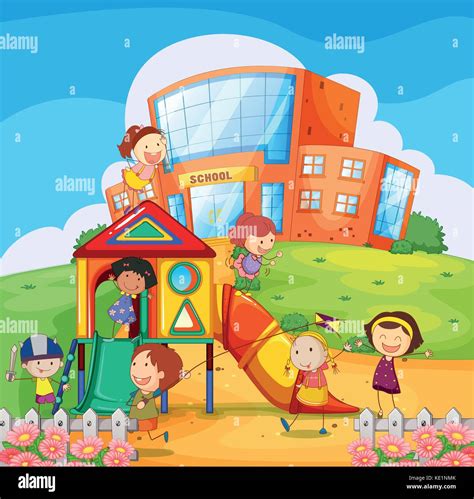 Children Playing In The School Playground Illustration Stock Vector