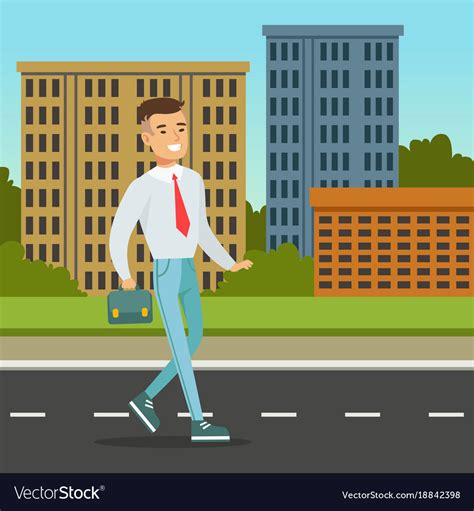 Smiling Man Walking Down The Street With Blue Vector Image