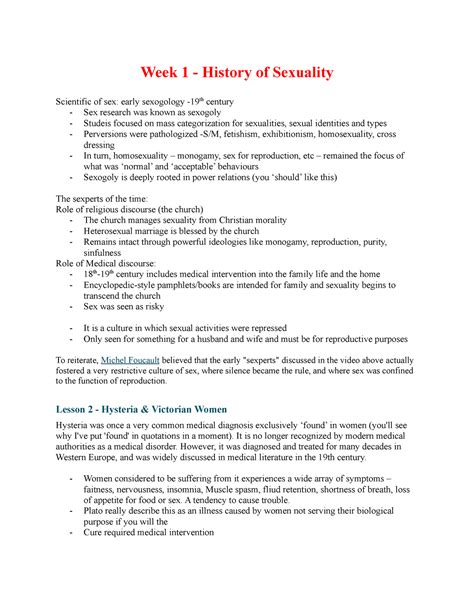 Sex Ed Sex Ed Lecture Notes Week 1 History Of Sexuality