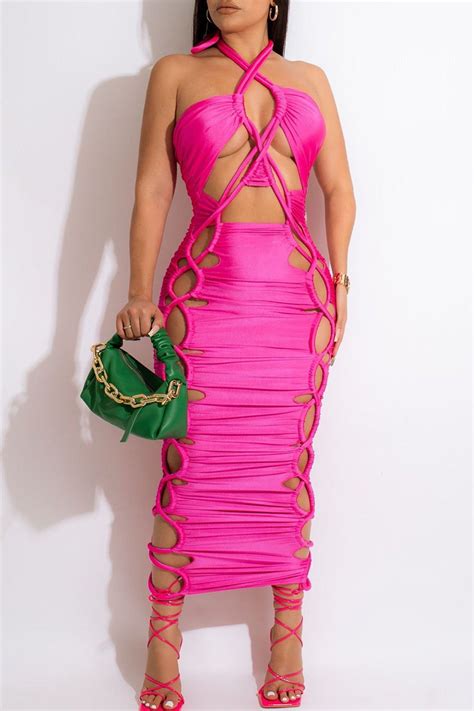 Pink Sexy Solid Bandage Hollowed Out Patchwork Halter One Step Skirt