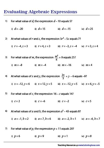 Evaluating Expressions Mcq Algebra Worksheets Algebra 1 Polynomials
