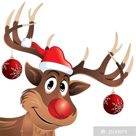 Poster Rudolph mit der roten Nase Rentier mit Hut und Weihnachtskugeln