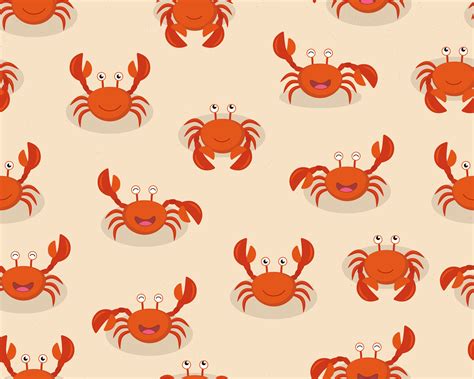 Seamless Pattern Of Cute Cartoon Red Crabs On Beach Background Vector