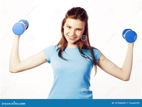 Young Pretty Slim Blond Woman With Dumbbell Isolated Cheerful Sm Stock