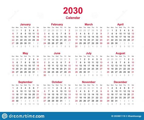 Kalender 2030 12 Maanden Jaarlijkse Vectorkalender In De Kalender Voor
