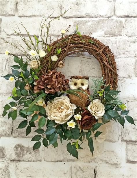 Burlap And Twig Owl Wreath Ivory And Brown Neutral Wreath Front Door