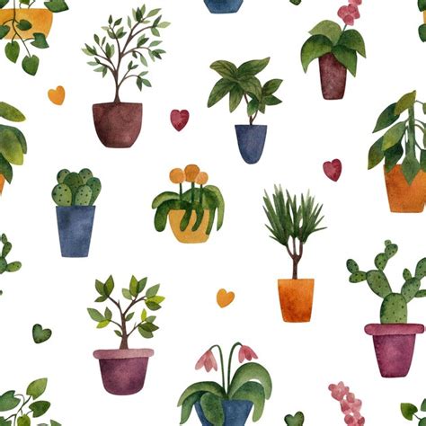 Premium Photo Potted Plants Seamless Pattern Watercolor Illustration