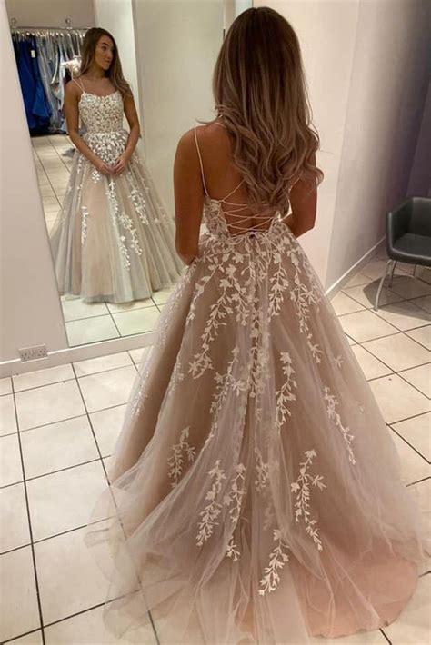 A Line Backless Lace Long Champagne Prom Dress Backless Lace Champagn