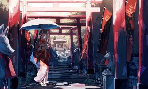 Wallpaper Traditional Clothes Umbrella Anime Girl Shrine Kimono