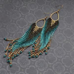 Emerald Turquoise Gold Beaded Earrings Long Fringe Seed Bead Etsy