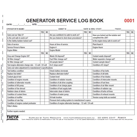 Generator Service Logbook Tuffa Products