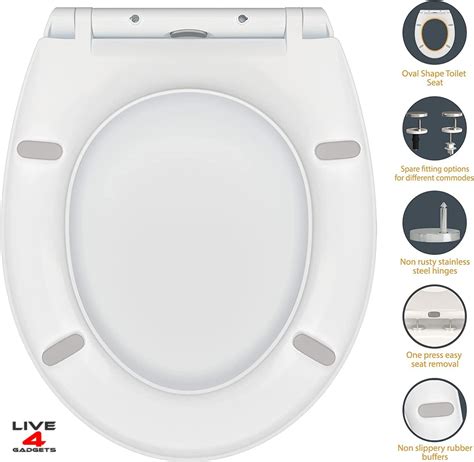 Live Gadgets Slow Soft Close Toilet Seats White Top Fixing Stay Tight Toilet Lid Oval Shape