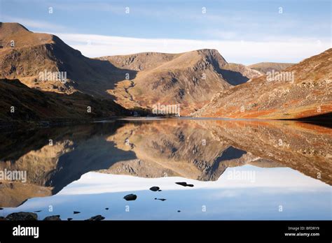 Tranquil Scene With Still Water Of Llyn Ogwen Lake Reflecting Mountains