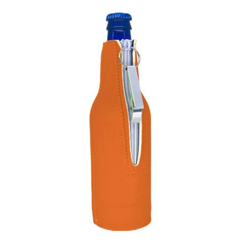 Blank Neoprene Zipper Beer Bottle Coolie With Opener Attached Orange