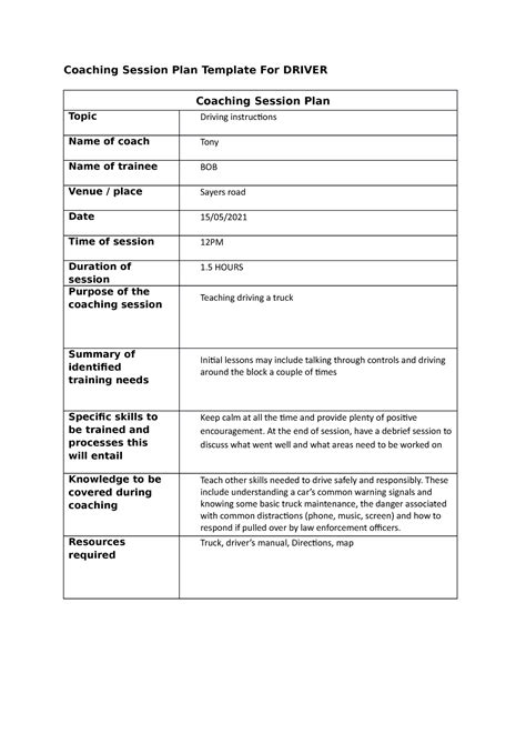 Coaching Session Plan Template For Assessment 2 Coaching Session Plan