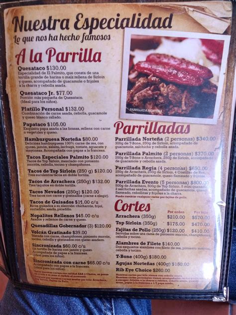 Carta De El Palmito Restaurant Monterrey