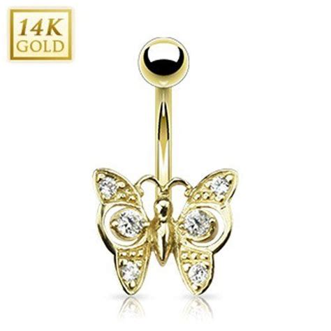 Karat Solid Yellow Gold Clear Cz Butterfly Navel Ring Ga