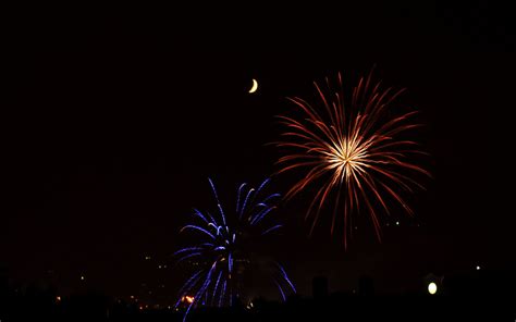 Wallpaper Fireworks Sparks Explosions Moon Night Dark Hd