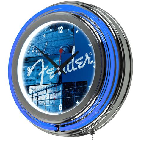 High polished chrome finish molded resin housing full color logo on the clock face double ring of neon (outside ring coordinates with screen printed logo and inside ring illuminates the clock face) battery operated quartz clock mechanism (battery included) 110 volt power supply for power to the neon lights included. Fender Stacked Double Ring Neon Clock - 424804, Clocks at ...