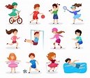 Los niños hacen deporte, ilustración, estilo plano. personajes ...