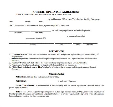 Owner Operator Lease Agreement Template Word