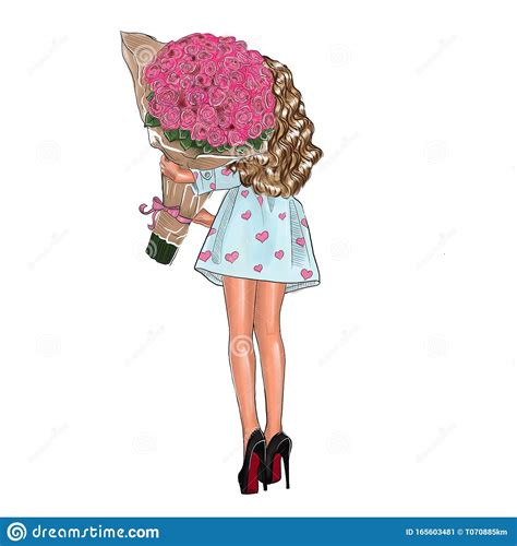 Illustration Of A Girl With A Bouquet Of Red Roses Stock Illustration