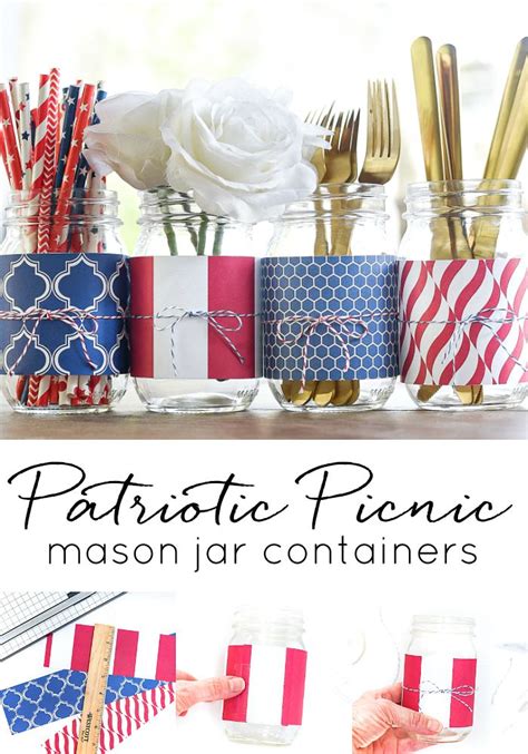 Red White Blue Mason Jar With Scrapbook Paper Mason Jar Containers