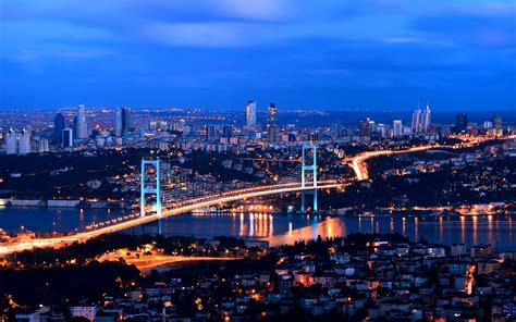 Photo Istanbul Turkey Megapolis Bridge Night Time Houses 3840x2400