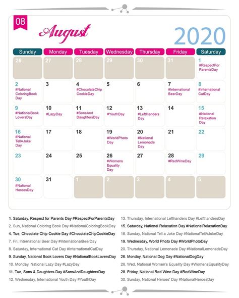 National Food Holidays In Usa 2020 Calendar Template Printable