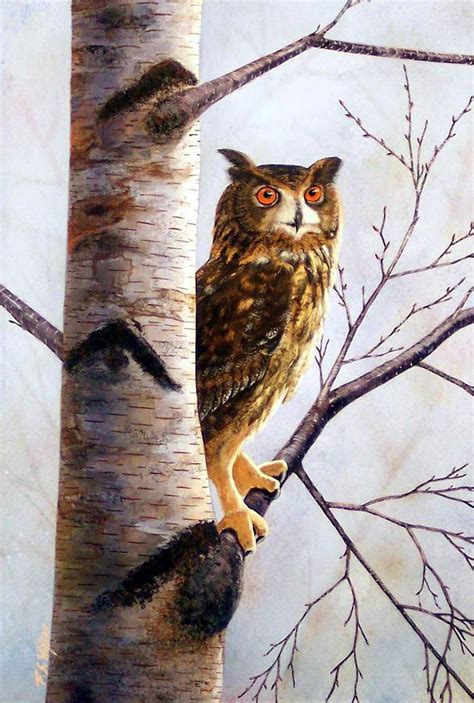 Great Horned Owl In Birch Painting By Frank Wilson Fine Art America