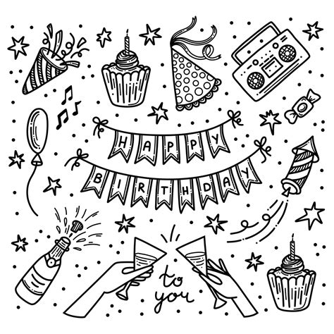 Party Birthday Doodle Vector Set Happy Birthday Celebration Hand Drawn