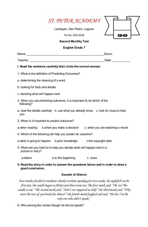 A collection of downloadable worksheets, exercises and activities to teach 7th grade, shared by english language teachers. English 7 monthly test