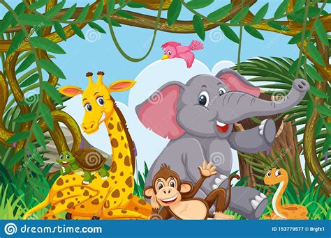 Cute Animals In Jungle Scene Stock Illustration - Illustration of clouds, pink: 153779577