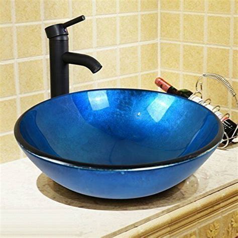 Wonline 165 Blue Bathroom Round Tempered Vessel Sink Drain Faucet