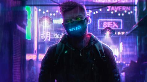 Wallpaper Cyberpunk Mask Guy Neon