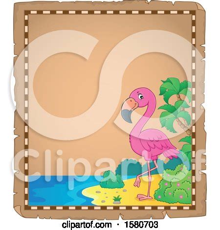Clipart Of A Parchment Border Of A Pink Flamingo Bird On A Beach