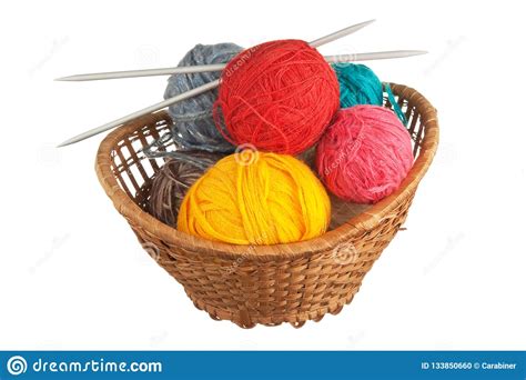Ball Of Wool And Knitting Needles In Basket Stock Photo Image Of