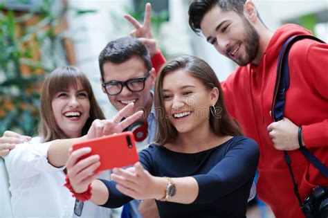 Group Of Multiethnic Teenagers Taking A Selfie In School Stock Image Image Of College