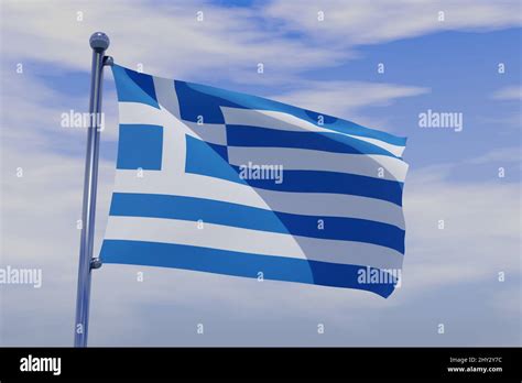 Illustration Of Waving Flag Of Greece With Chrome Flag Pole In Blue Sky