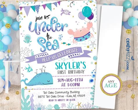 Girl First Birthday Under The Sea Invitation Watercolor Teal And Purple