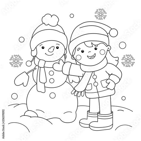 Coloring Page Outline Of Cartoon Girl Making Snowman Winter Coloring
