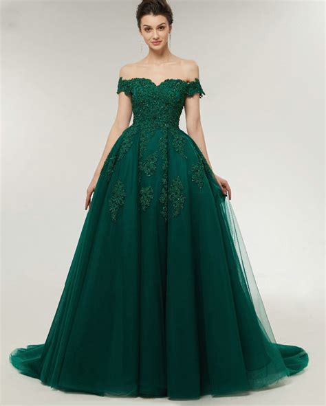 Lace Off The Shoulder Emerald Green Prom Dress Ball Gown Evening Forma Siaoryne