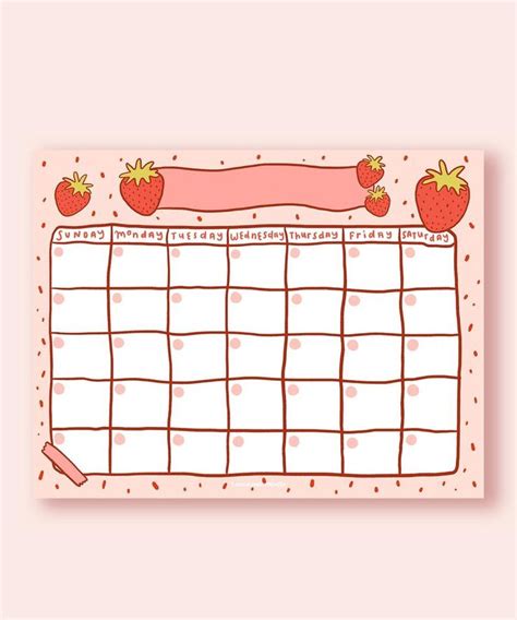 Strawberry Open Digital Calendar Cute Printable Calendar Cute Pink