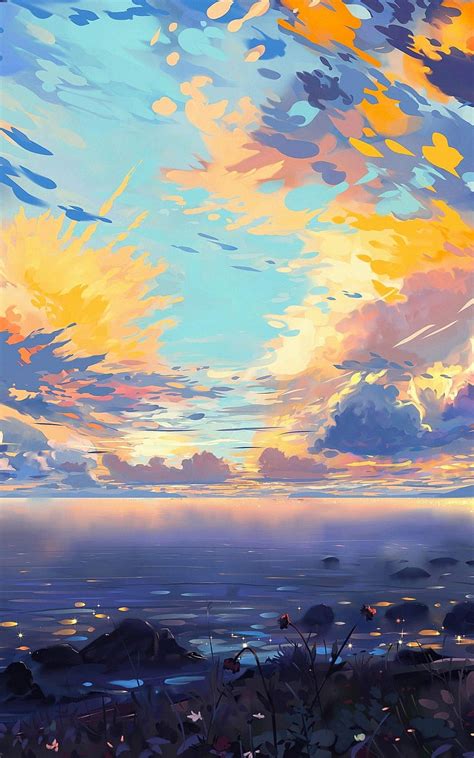 1200x1920 Anime Landscape Sea Ships Colorful Clouds Scenic Tree
