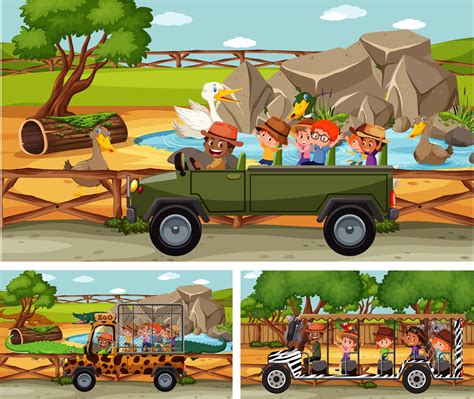 Different Safari Scenes With Animals And Kids Cartoon Character 2790931