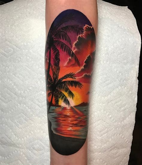 3.10 palm tree with coconut tattoo. Beach Scene, Golden Sunset With Palm Trees | Best tattoo ...