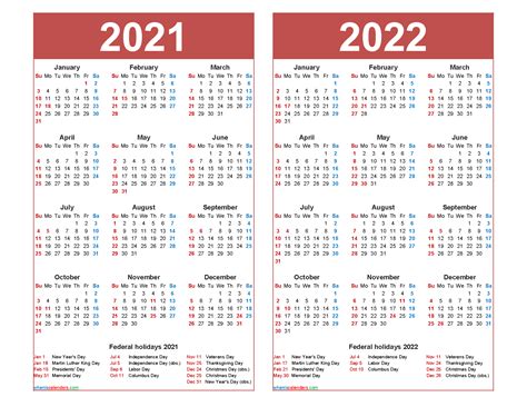 Free 2021 And 2022 Calendar Printable With Holidays Free Printable